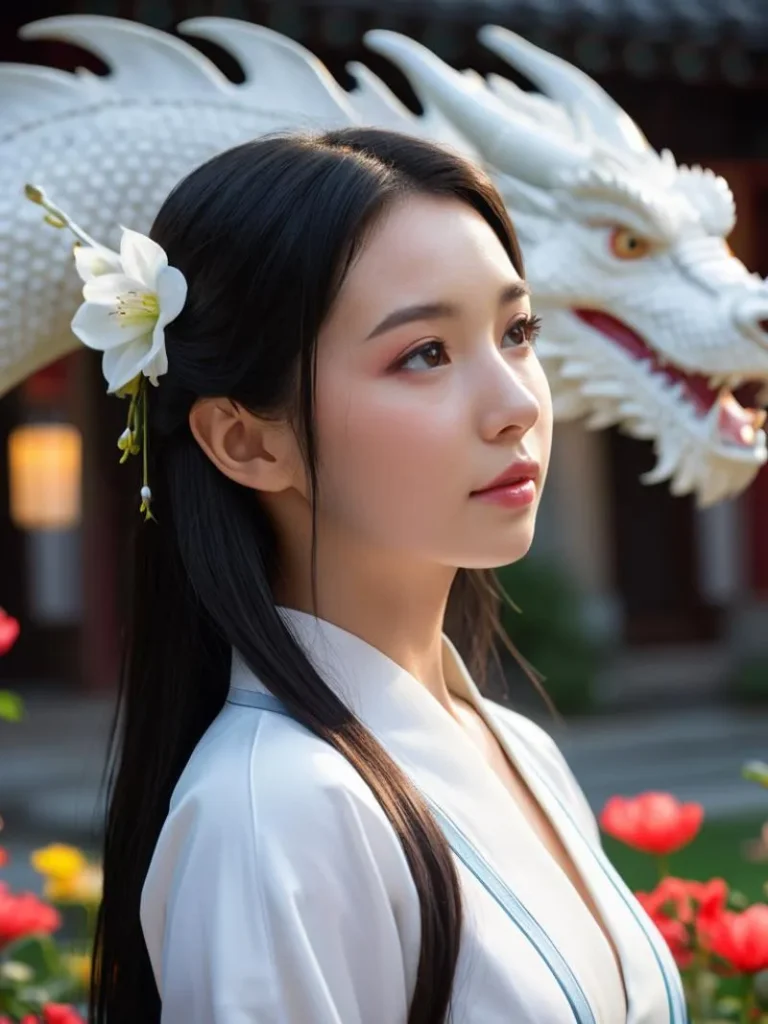 A detailed portrait of a woman with long black hair and a white flower in her hair, a dragon in the background, AI generated image using stable diffusion.