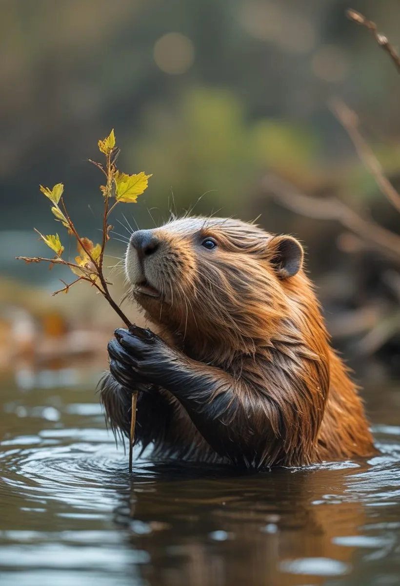 A cute beaver holding a branch with yellow leaves in the water, AI generated image using stable diffusion.