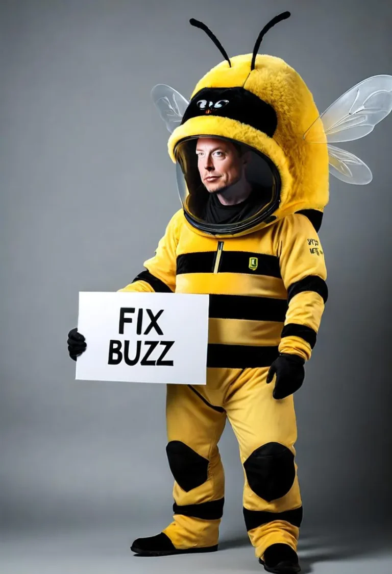 AI-generated image of a man in a detailed bee costume holding a protest sign that reads 'Fix Buzz' using Stable Diffusion.