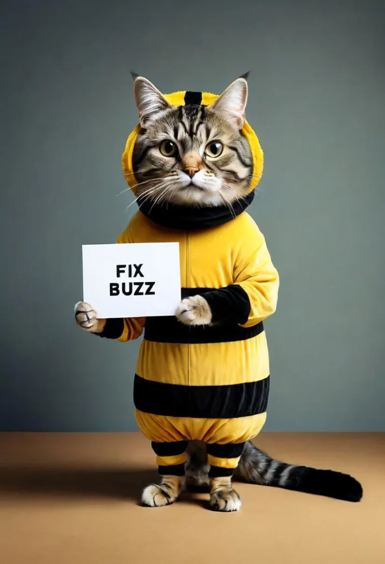 A tabby cat dressed in a yellow and black bee costume holding a sign that says 'Fix Buzz'. AI generated image using stable diffusion.