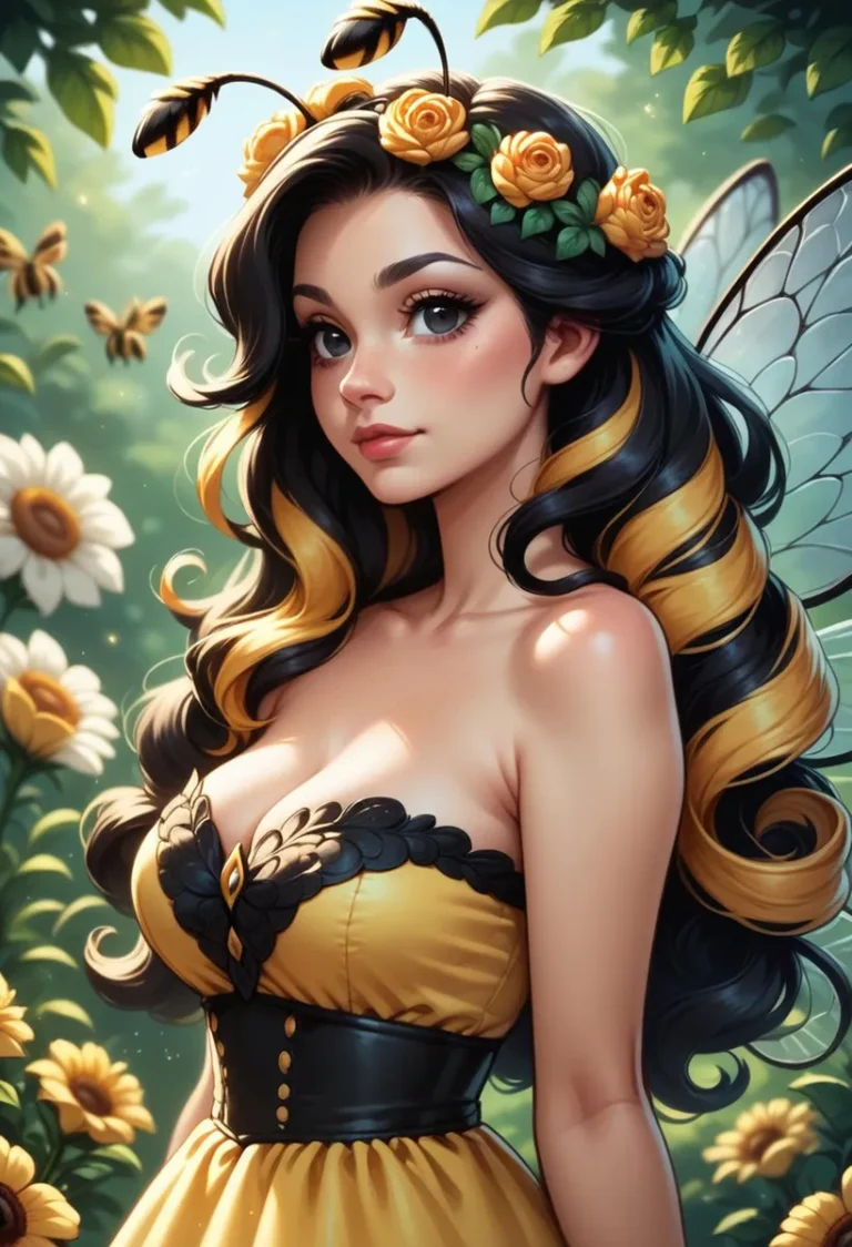 A beautiful bee fairy with black and yellow hair in a fantasy garden. AI generated image using Stable Diffusion.