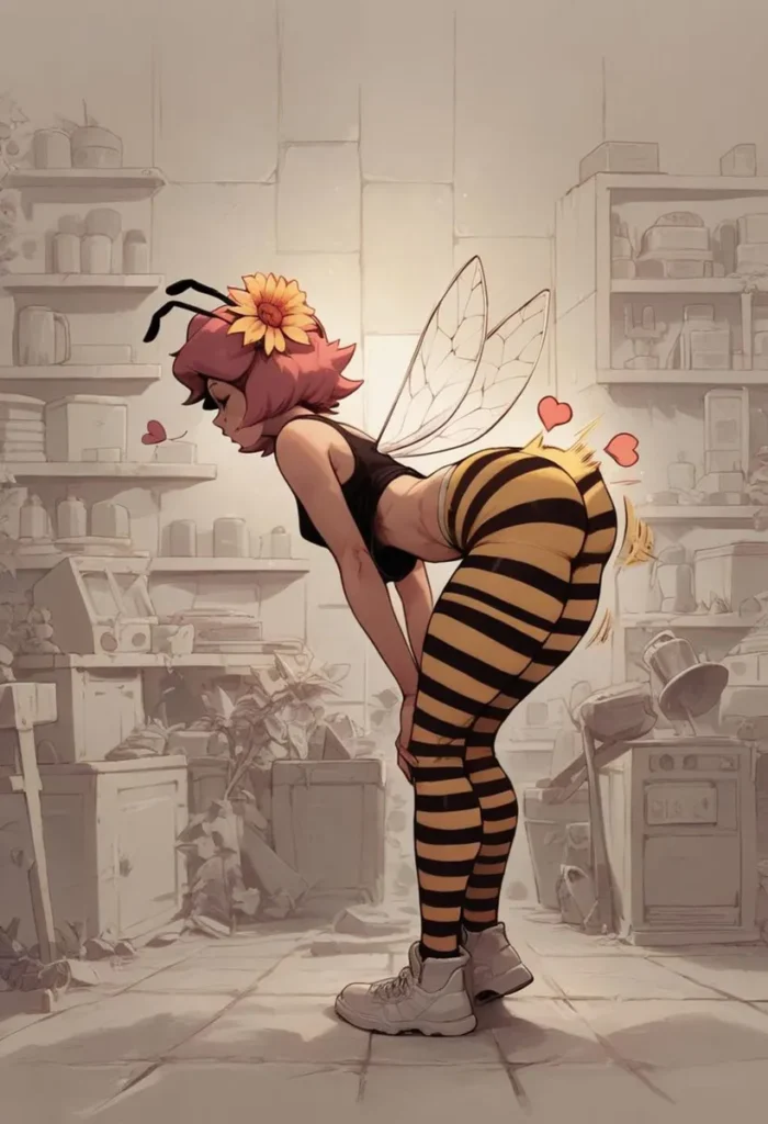 Anime-style girl dressed in black and yellow bee costume with wings, created using Stable Diffusion.