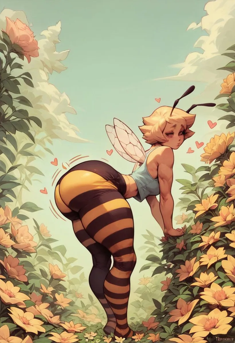 AI generated image of a bee girl in anime style standing in a garden with yellow flowers using stable diffusion.