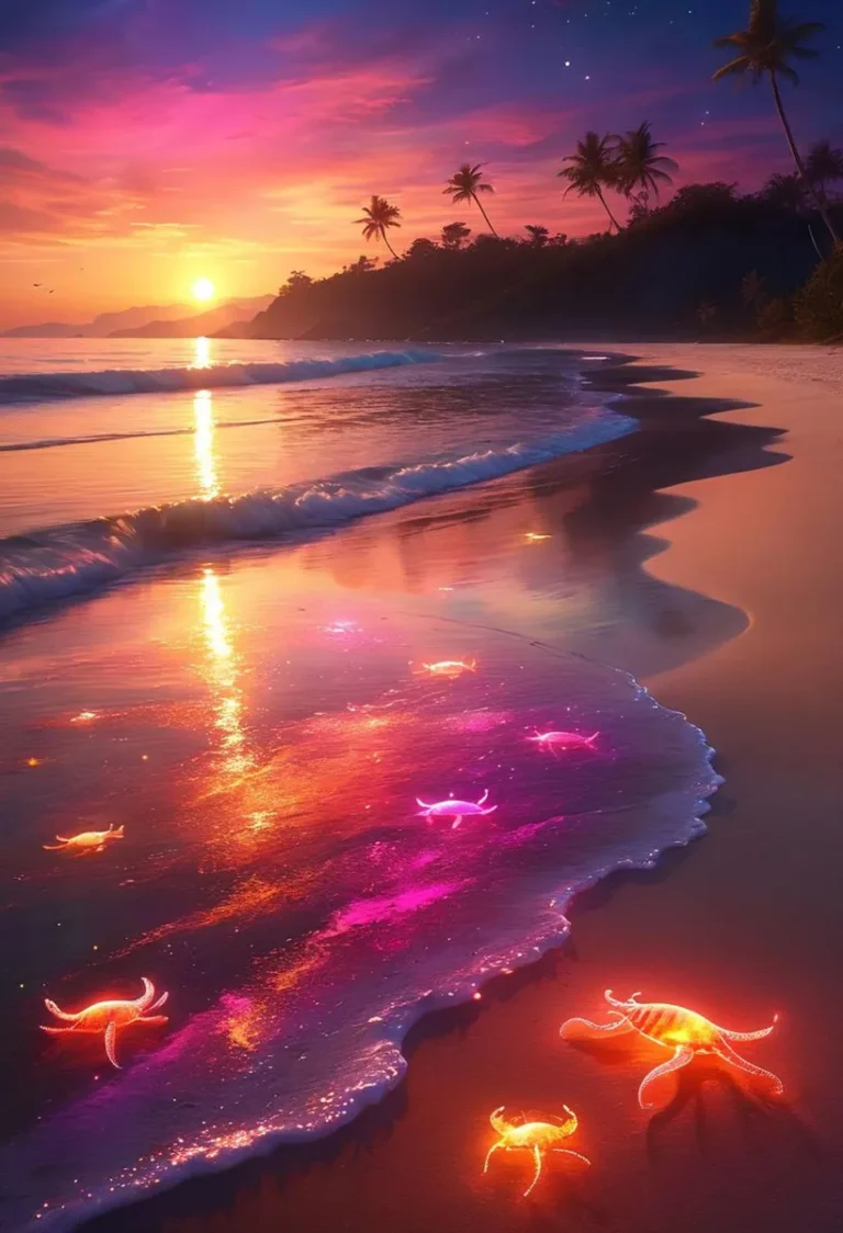 A tropical beach at sunset with bioluminescent crabs glowing in vibrant colors on the shoreline, AI generated using Stable Diffusion.