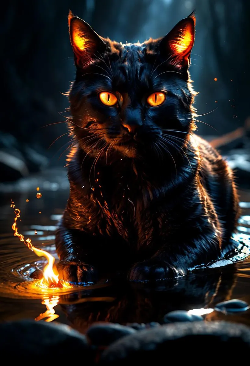 AI generated image of a black cat with glowing eyes, created using Stable Diffusion.