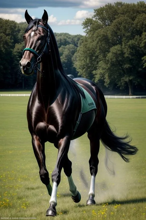 A majestic black stallion with white markings on its legs, standing in a vast open field with lush green grass and trees, clearly AI generated using stable diffusion.