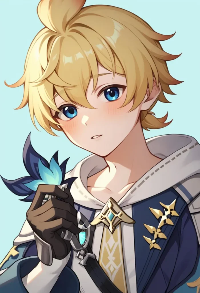 Blond anime boy with blue eyes holding a cyan flower. AI generated image using Stable Diffusion
