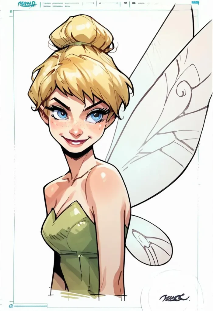 Detailed color illustration of a blond fairy with a confident smile and blue eyes, wearing a green dress and featuring intricate wings. This is an AI generated image using Stable Diffusion.