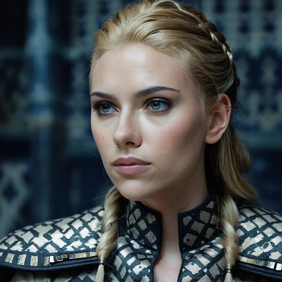 Fantasy portrait of a blond woman warrior with braids, wearing intricate armor, AI generated using Stable Diffusion.