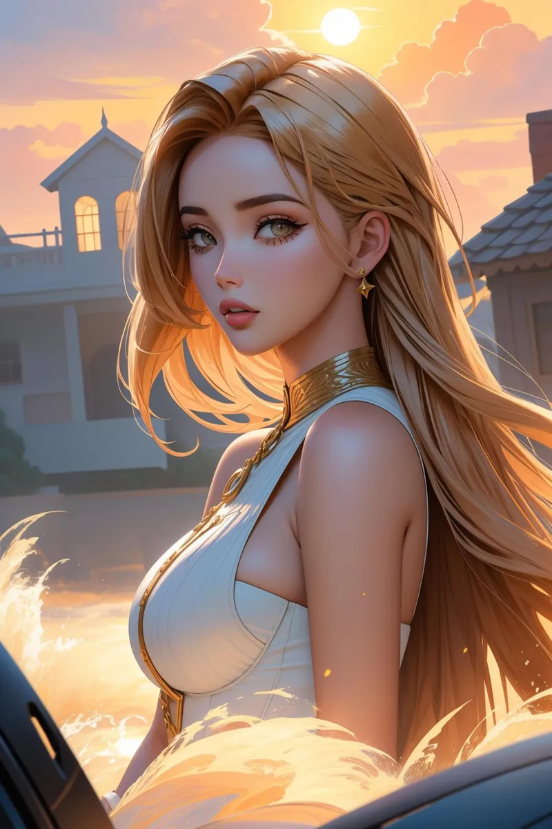 AI generated image of a blonde anime girl with long hair wearing an elegant outfit, set against a beautiful sunset using Stable Diffusion.