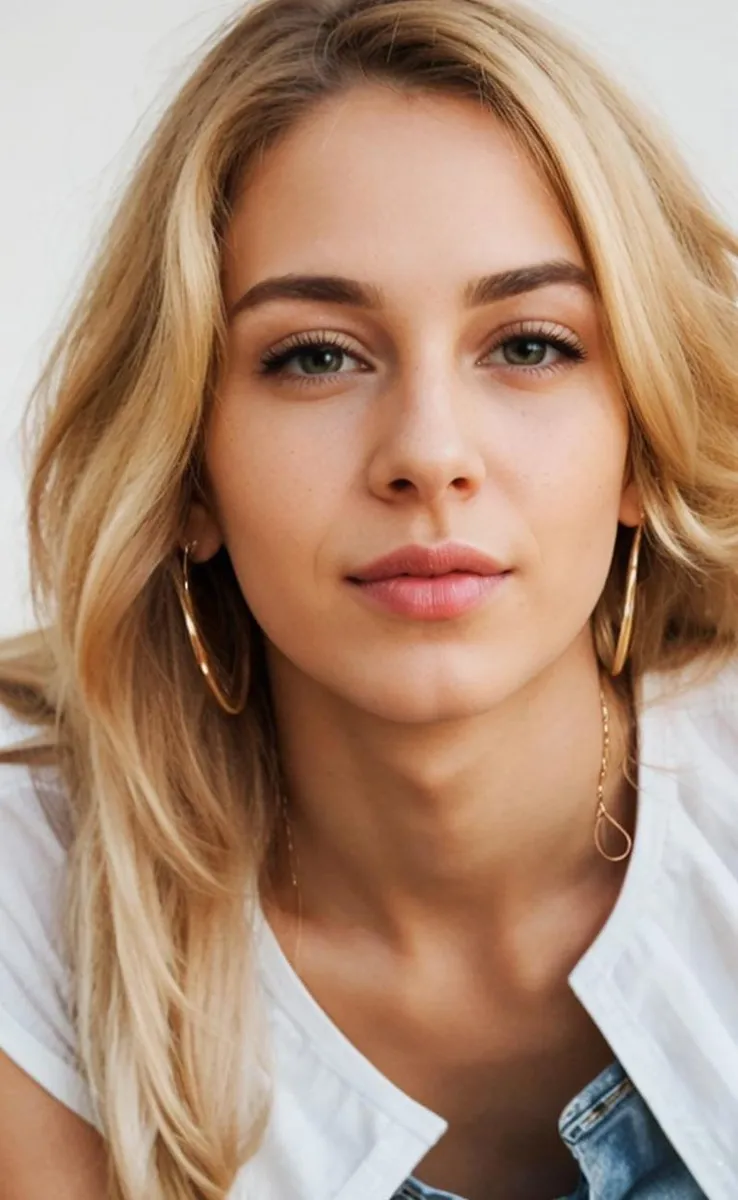 A close-up portrait of a blonde woman with light makeup, hoop earrings, and casual white attire, AI generated using stable diffusion.