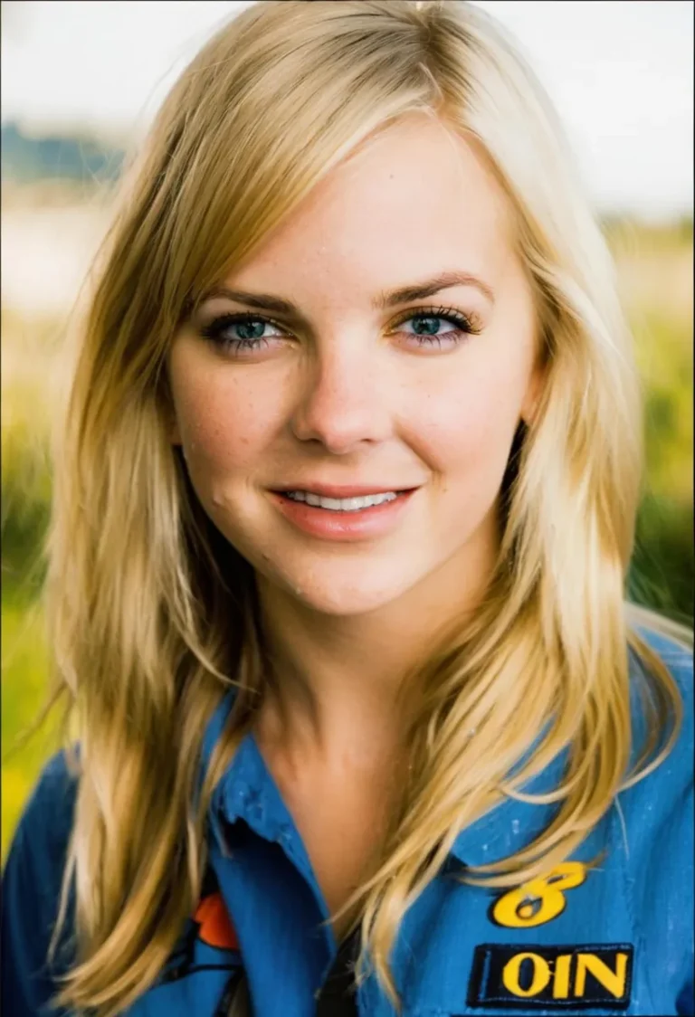 AI generated image of a blonde woman with blue eyes smiling, created using Stable Diffusion.