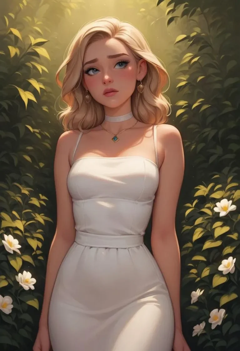 AI generated image using Stable Diffusion of a blonde woman with wavy hair in a white dress standing in a lush garden background with flowers.