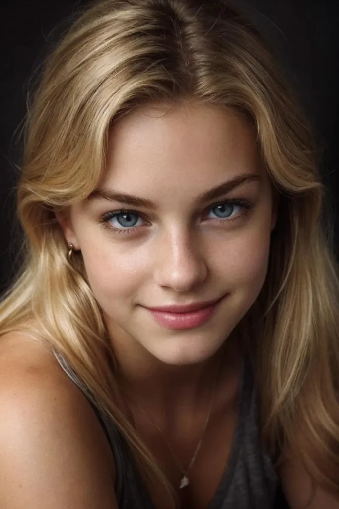 A close-up portrait of a young blonde woman with blue eyes, created using stable diffusion AI image generation.