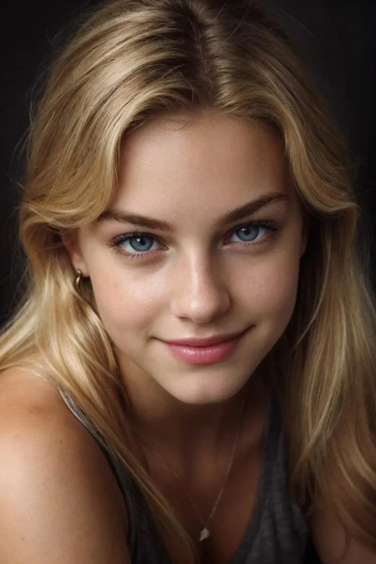 A close-up portrait of a young blonde woman with blue eyes, created using stable diffusion AI image generation.