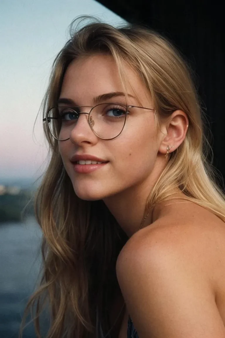A portrait of a blonde woman wearing glasses, created using Stable Diffusion AI.