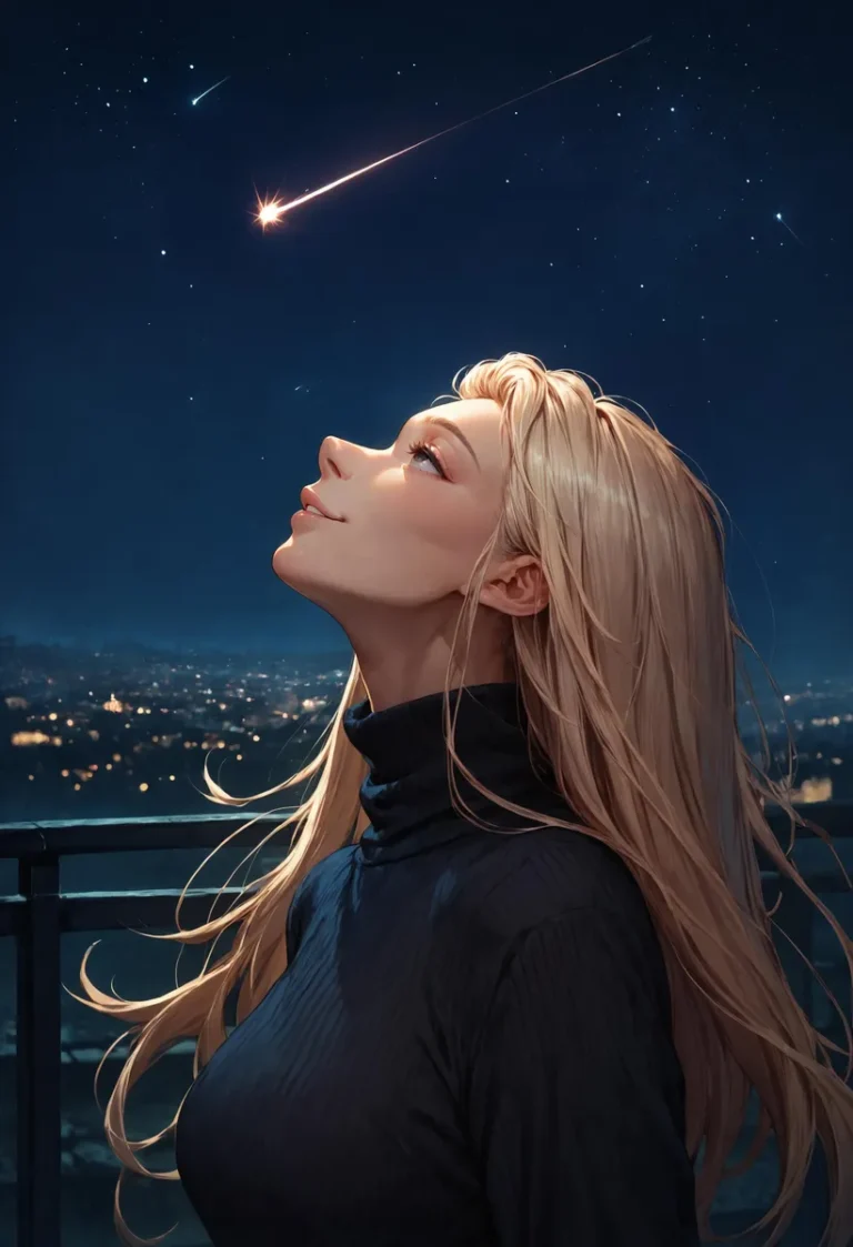 Blonde woman looking up at a shooting star in the night sky. AI generated image using stable diffusion.