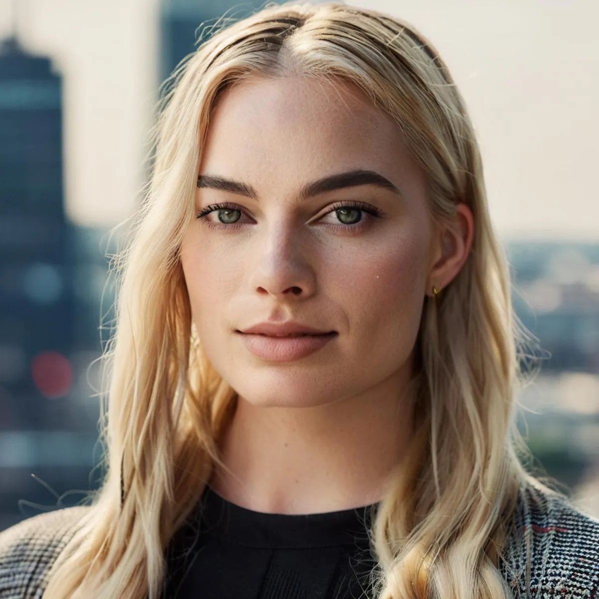 Professional blonde woman with straight hair looking confidently at camera, cityscape background in AI generated image using stable diffusion.
