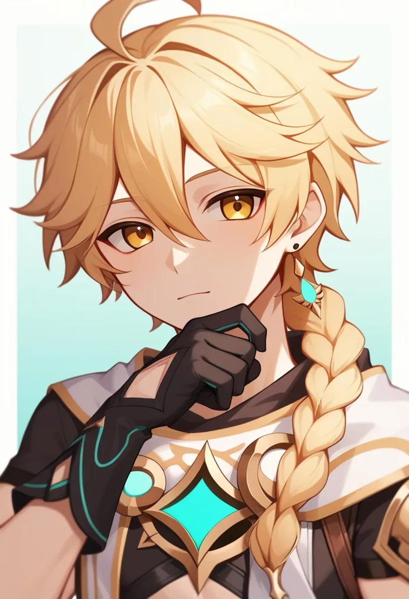 Detailed artistic rendering of a blonde anime boy with golden eyes. Character has intricate armor design and is wearing a glove. This is an AI generated image using Stable Diffusion.