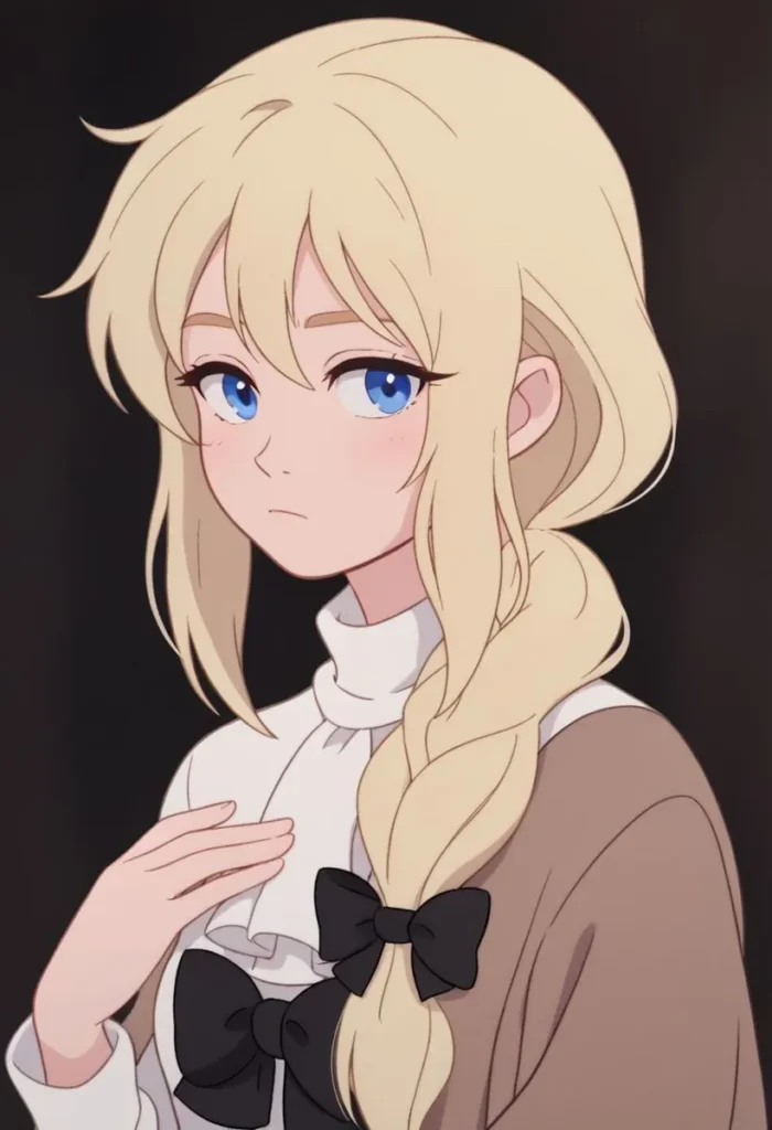 A beautiful anime-style image of a blonde girl with long hair in a braid, blue eyes, and wearing a brown outfit with black bow ties. This is an AI generated image using Stable Diffusion.