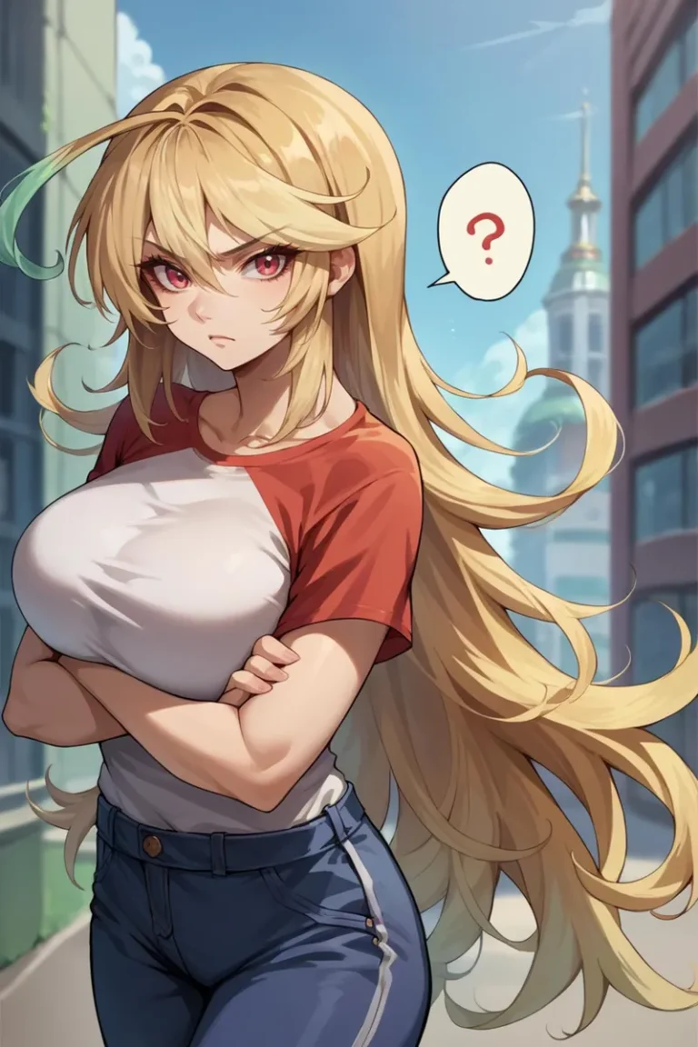 Blonde anime girl with long hair, wearing a red and white shirt, crossing her arms and standing in a modern city setting. AI generated using Stable Diffusion.