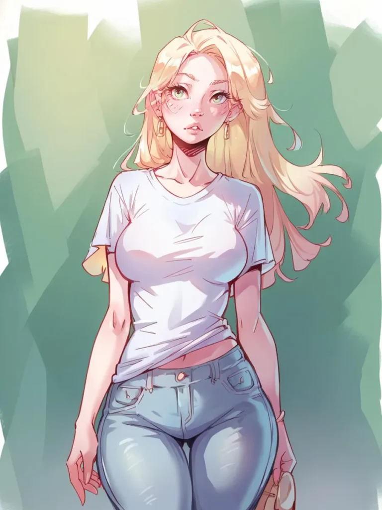 A blonde anime girl in a casual outfit generated by AI using Stable Diffusion. The girl wears a white t-shirt and blue jeans.