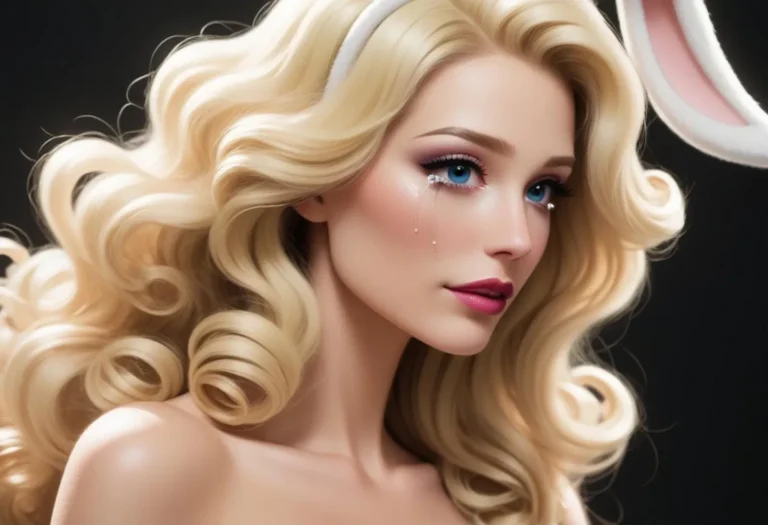 AI generated image using stable diffusion of a blonde woman with curly hair, delicate makeup, and bunny ears.