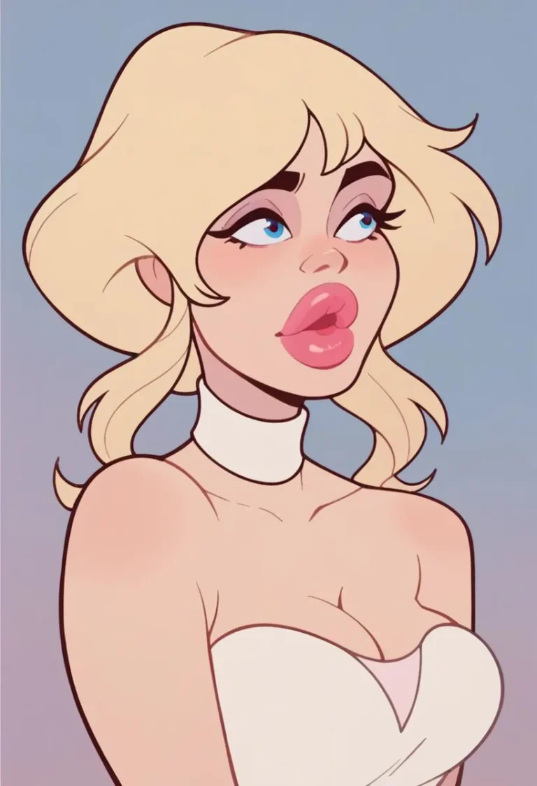 AI generated image using stable diffusion of a blonde cartoon female character with blue eyes and full lips, wearing a white strapless top and white choker, gazing to her left.