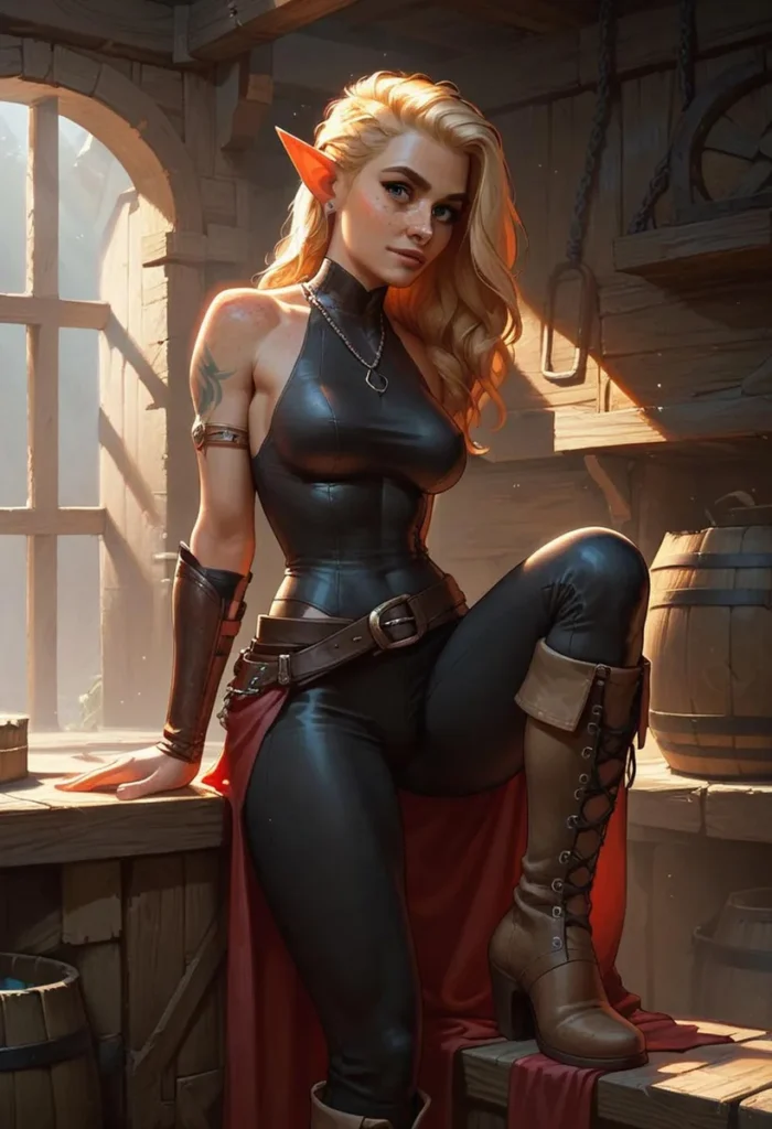 A blonde elf warrior sitting in a wooden cabin, wearing black leather armor and brown boots, created using stable diffusion.