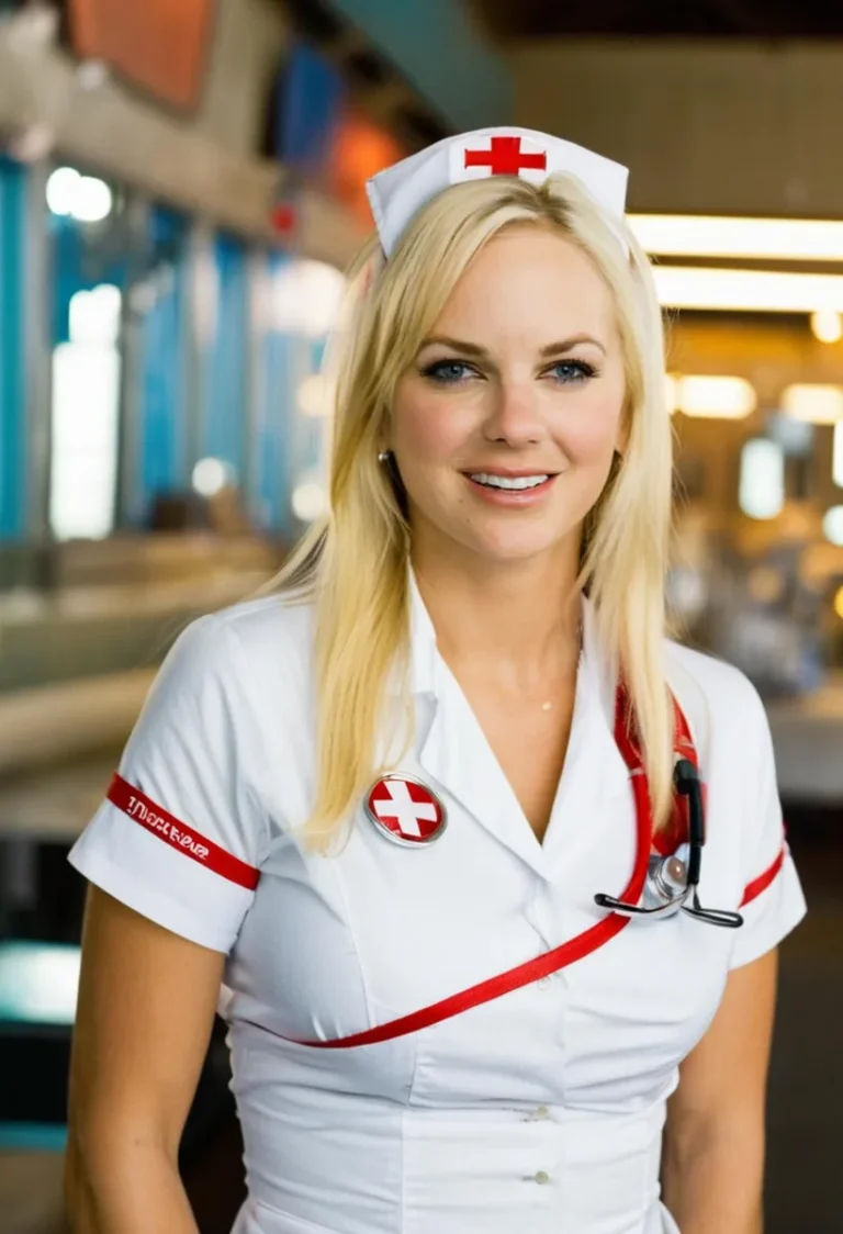 A smiling blonde woman in a professional nurse outfit, generated by AI using stable diffusion.