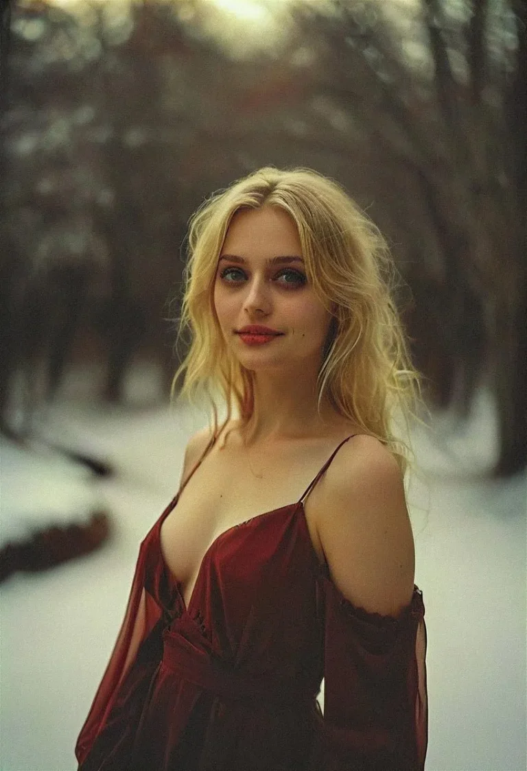 Outdoor portrait of a blonde woman in a flowing red dress, AI generated using Stable Diffusion.