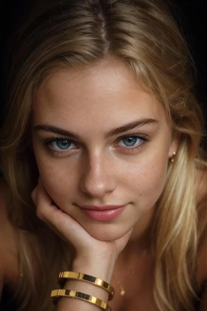 A close-up of a young blonde woman with blue eyes, resting her chin on her hand, wearing gold bracelets and looking directly at the camera. Created using stable diffusion ai.