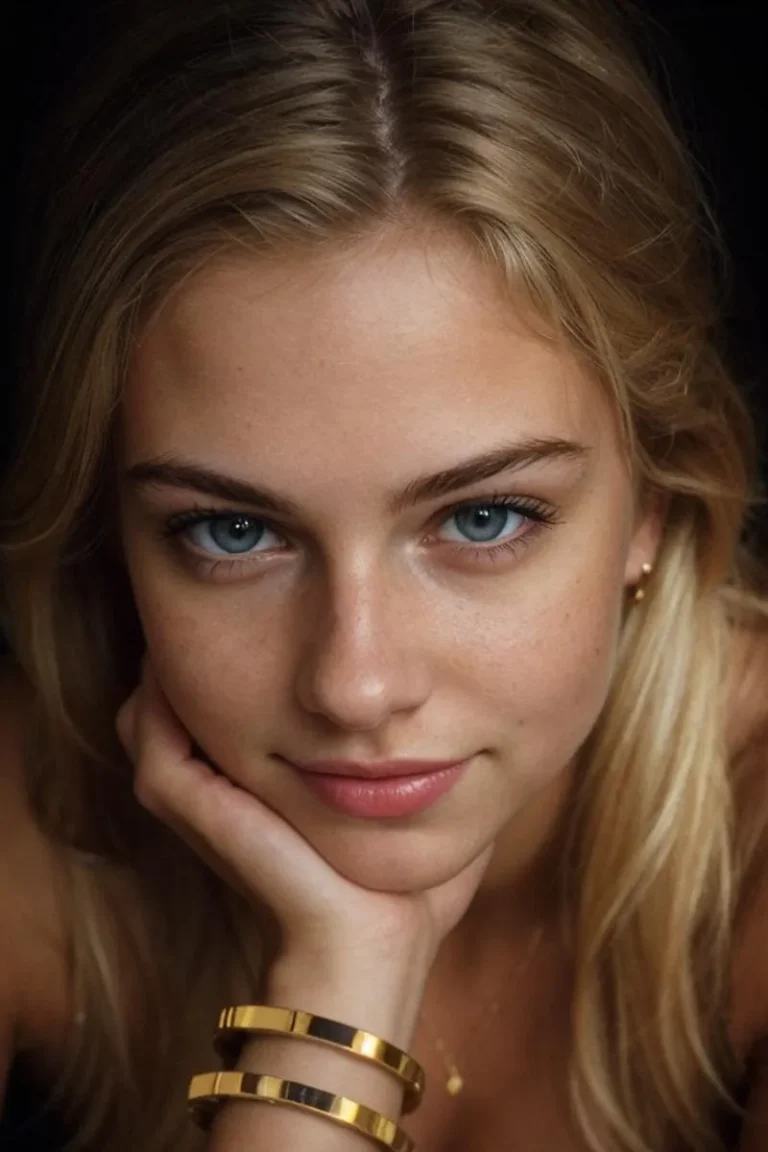A close-up of a young blonde woman with blue eyes, resting her chin on her hand, wearing gold bracelets and looking directly at the camera. Created using Stable Diffusion AI.