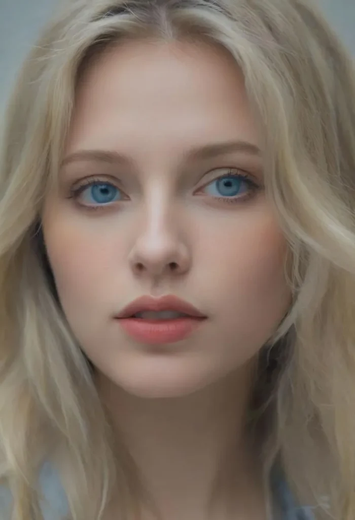 AI generated image using Stable Diffusion of a woman with blonde hair and strikingly blue eyes