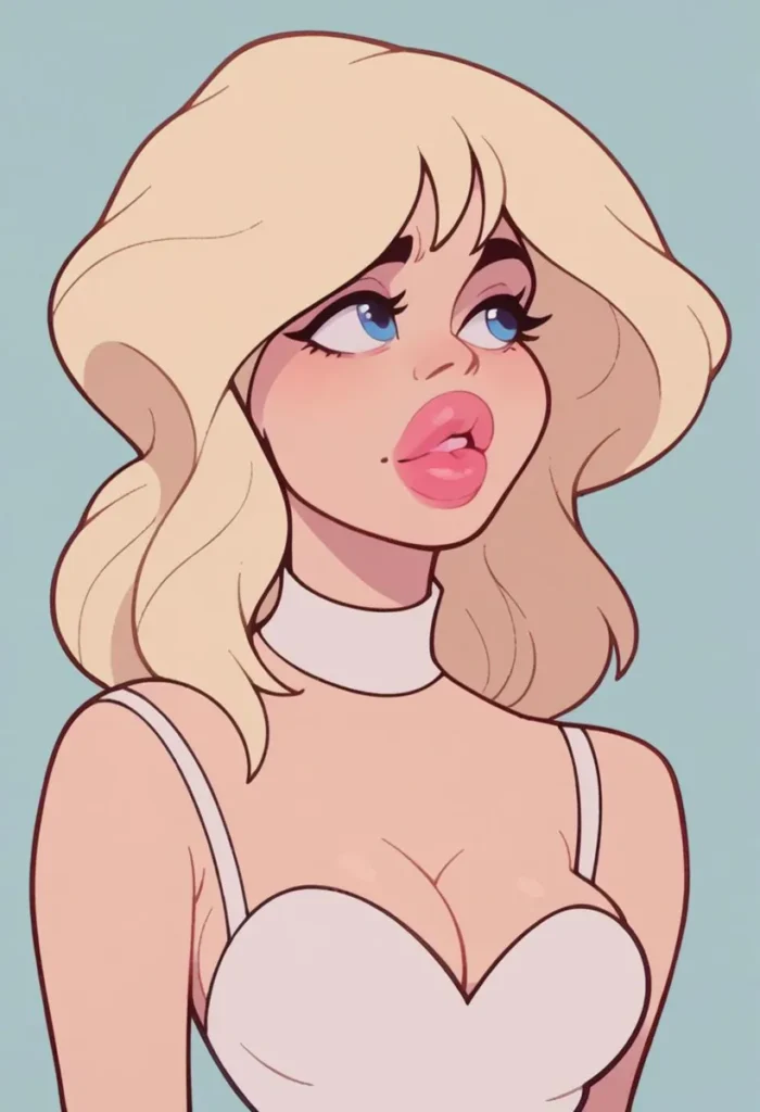 Cartoon style illustration of a blonde woman with blue eyes and pink lips, wearing a white top and choker. Emphasize that is this is an AI generated image using Stable Diffusion.