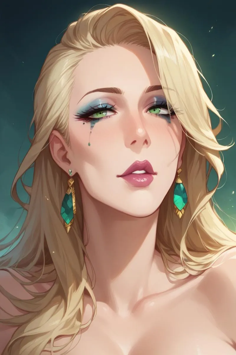 A digital art depiction of a beautiful blonde woman with green eyes, emerald earrings, and a serene expression. This image is AI generated using Stable Diffusion.