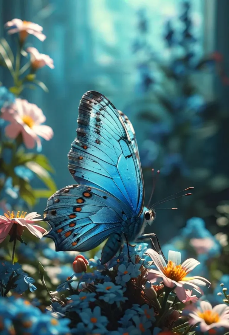 A vibrant blue butterfly resting on colorful flowers in a garden. AI generated image using Stable Diffusion.