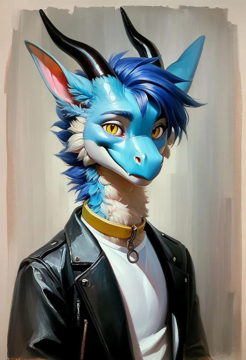 Anthropomorphic blue dragon with blue hair, wearing a yellow collar and black leather jacket. AI generated image using Stable Diffusion.