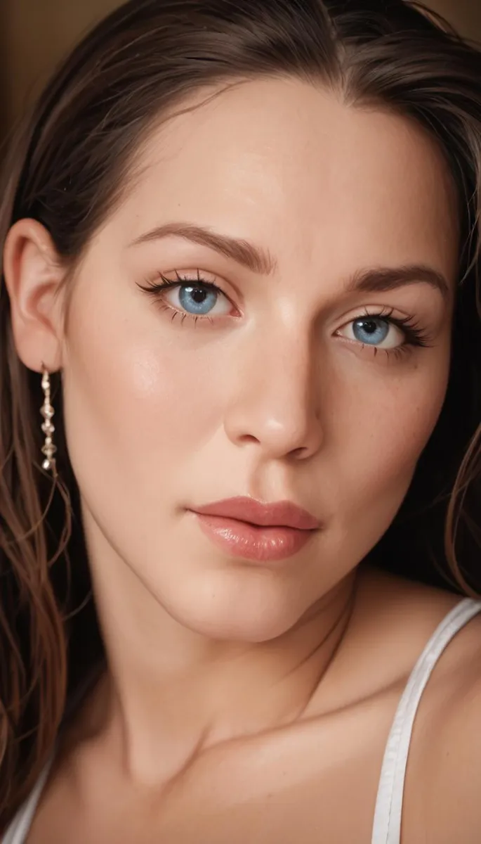 Close-up portrait of a beautiful woman with blue eyes and delicate makeup. AI-generated image using Stable Diffusion.