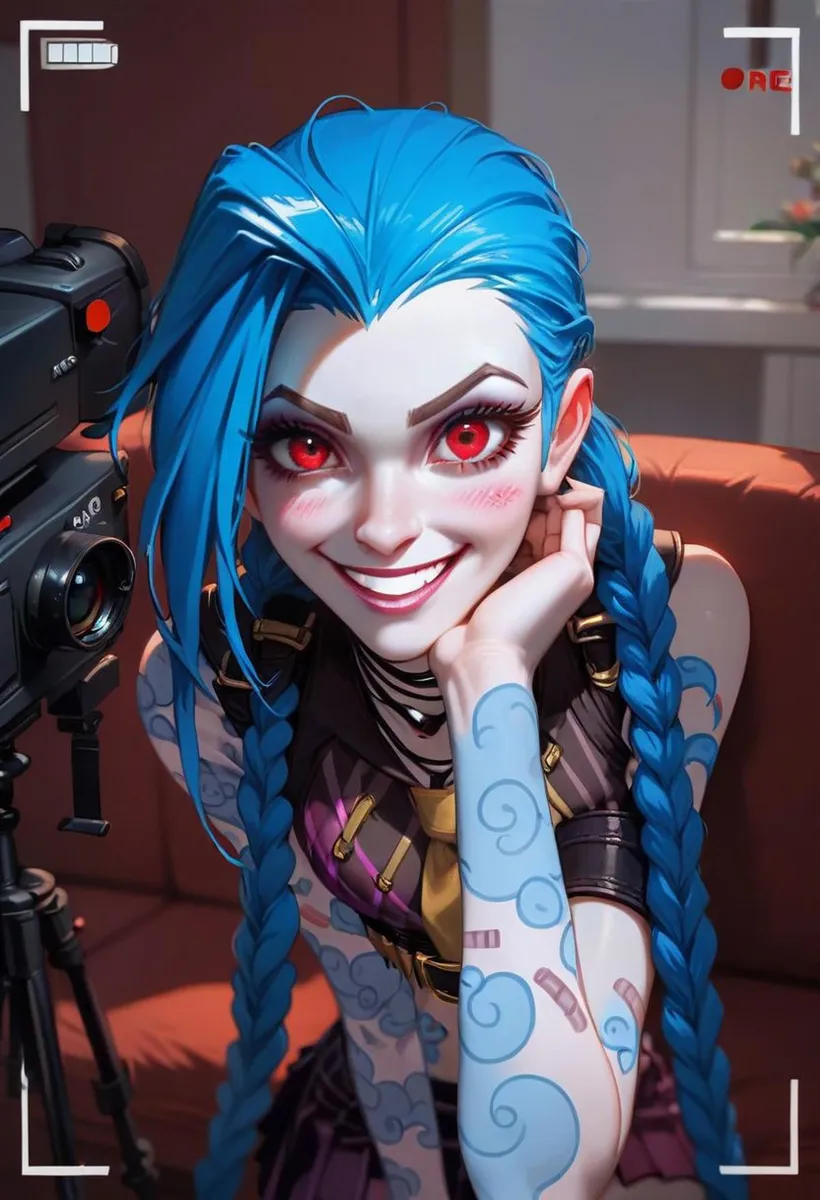 AI generated image of a blue-haired female character with red eyes created using Stable Diffusion.