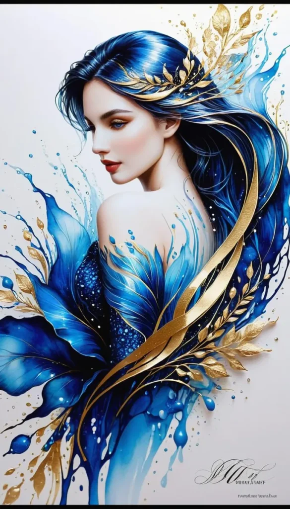 AI generated image using Stable Diffusion of a woman with long blue hair and golden accents, wearing a detailed outfit amid an abstract fantasy setting with leaf and flowing paint-like patterns.