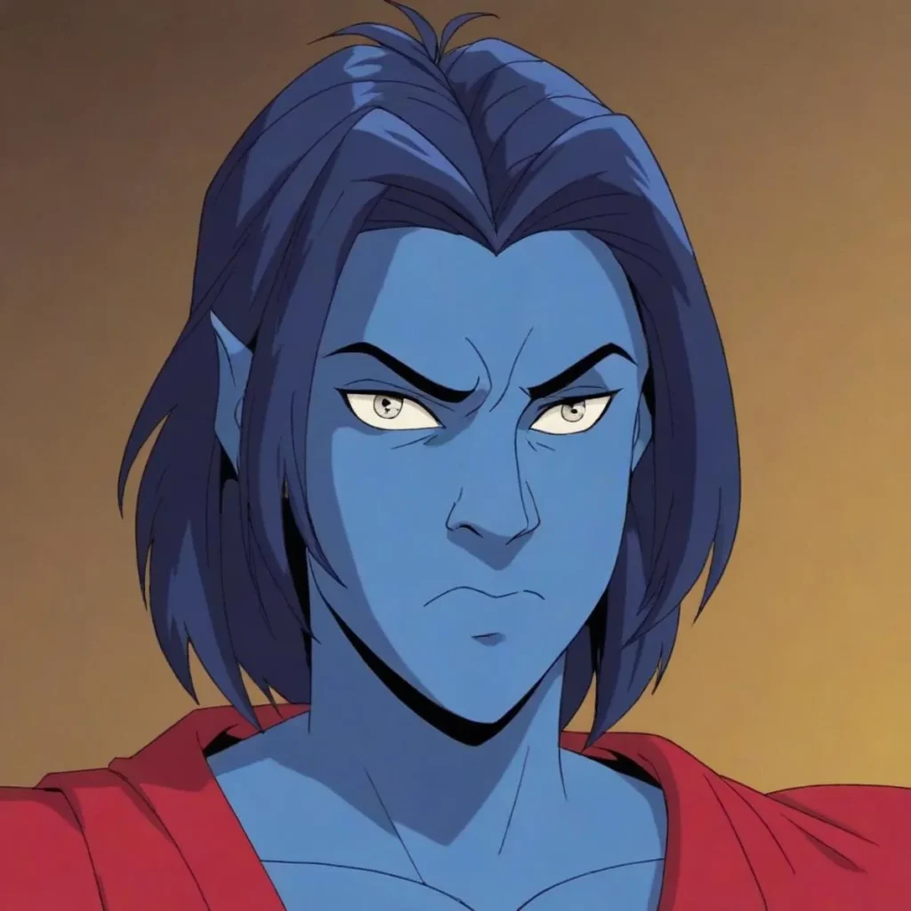 A blue-skinned character with long, dark hair and a serious expression, created using Stable Diffusion AI.