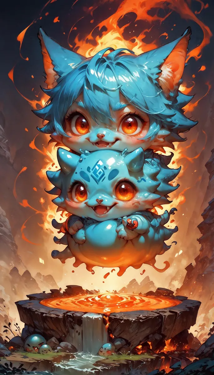 Two blue cat-like creatures with vivid red eyes, blue fur, and mischievous personalities are floating above a glowing lava-like pool surrounded by a rocky landscape with flames in the background. This is an AI generated image using Stable Diffusion.