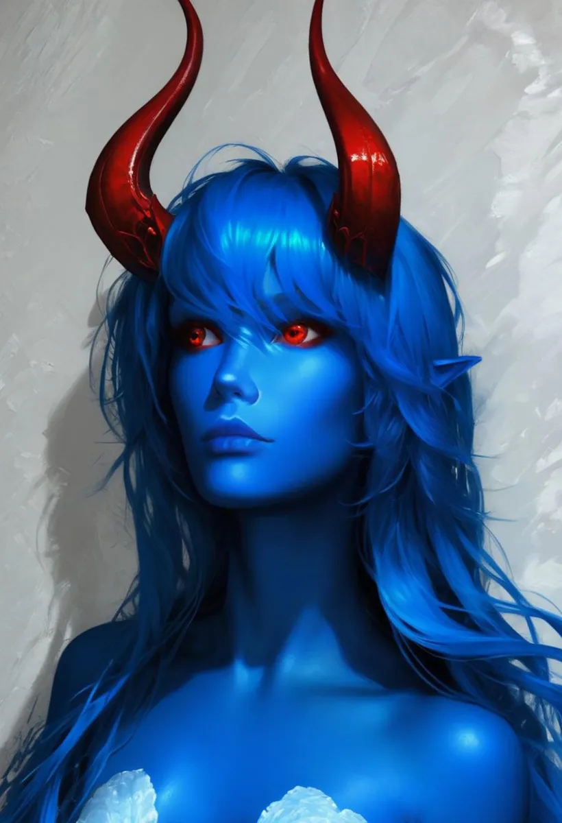 Fantasy character with blue skin and red horns, generated by AI using Stable Diffusion.