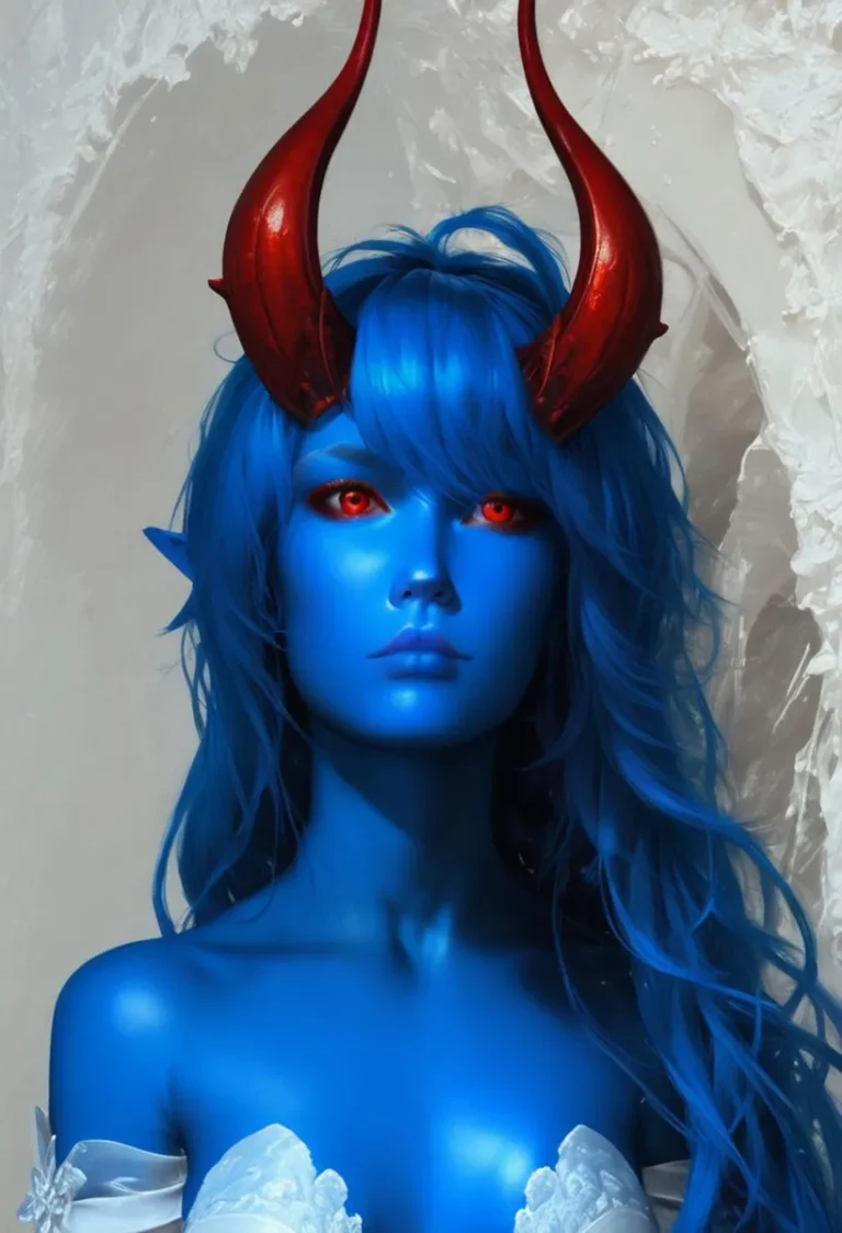 An AI generated image using stable diffusion, depicting a fantasy art of a blue-skinned demon girl with striking red eyes and large red horns, wearing a white outfit.