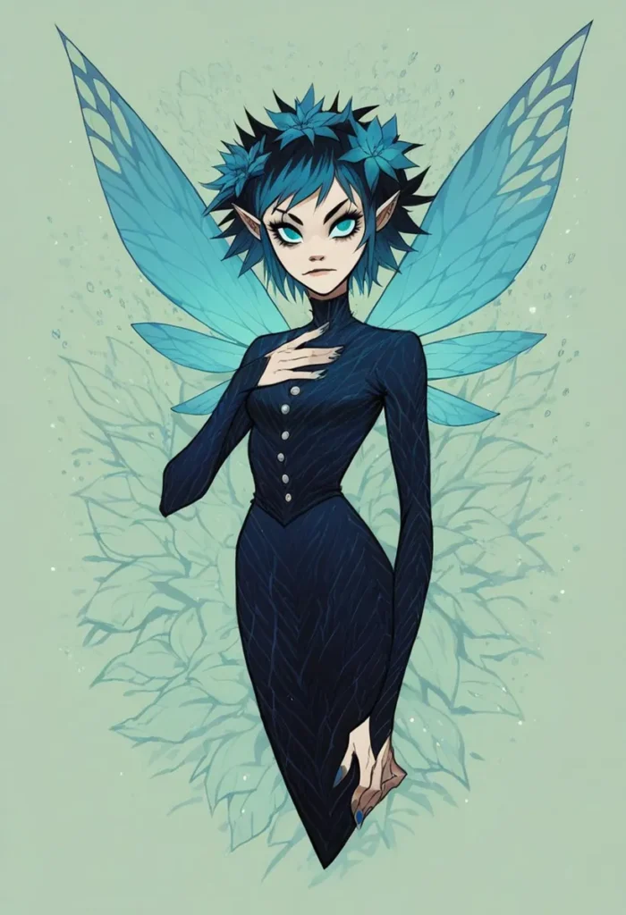 A blue fairy anime character with ethereal wings and a dark dress in fantasy art style. AI generated image using stable diffusion.