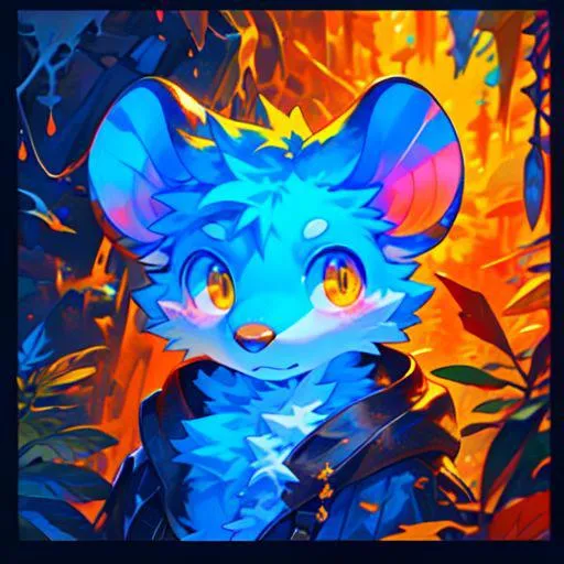 AI-generated image of an anthropomorphic blue fox with large ears, wearing a leather jacket, set in a vibrant, colorful fantasy forest created with Stable Diffusion.