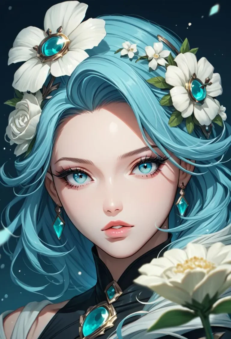 Fantasy portrait of a blue-haired maiden with flowers in her hair and turquoise jewelry. AI generated image using Stable Diffusion.