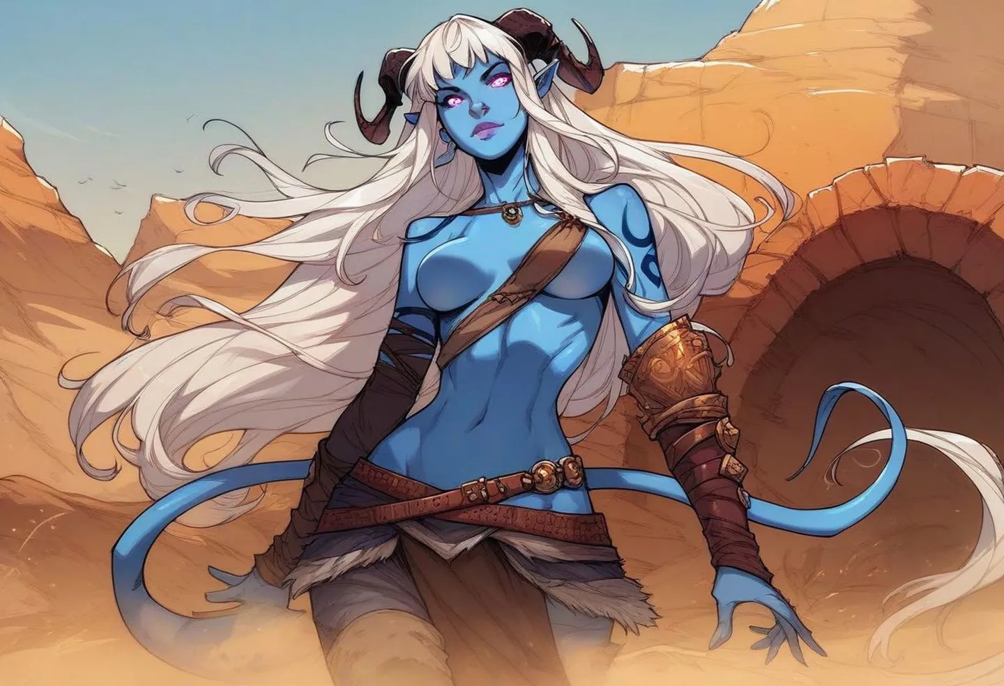 AI generated image using stable diffusion, showing a fantasy female character with blue skin and white hair in a desert landscape.