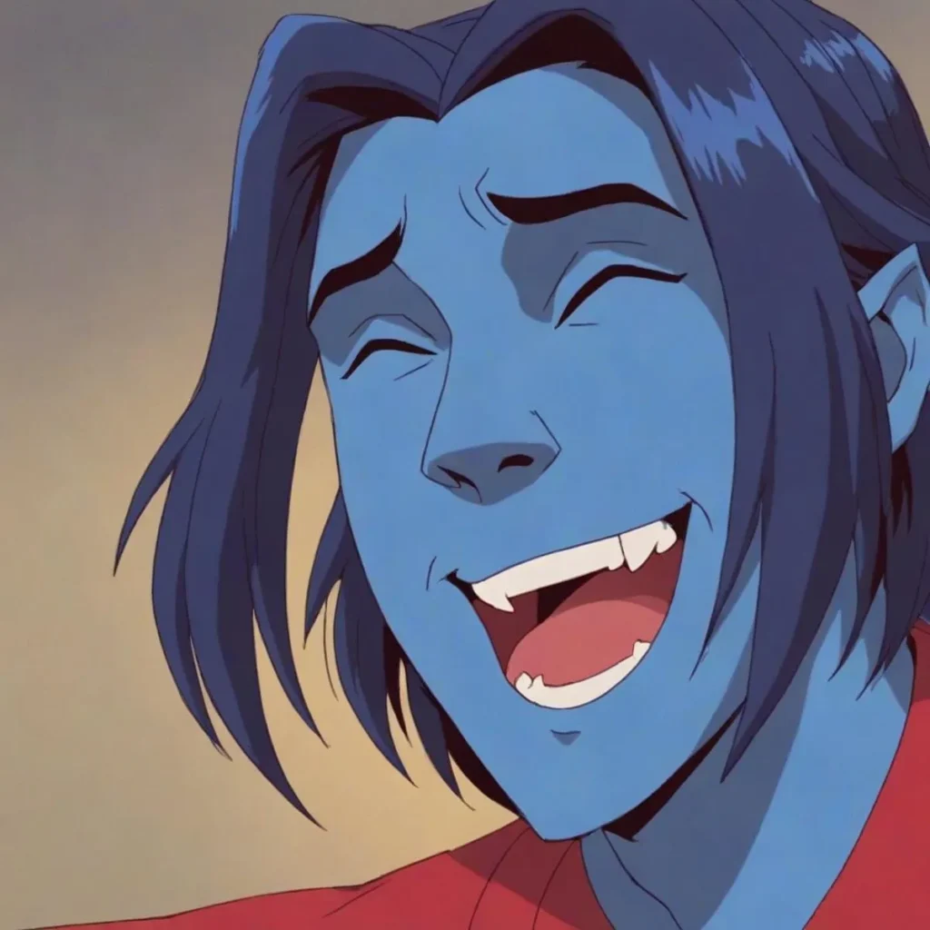 A smiling blue-skinned vampire character with long dark hair and sharp fangs. This is an AI generated image using Stable Diffusion.